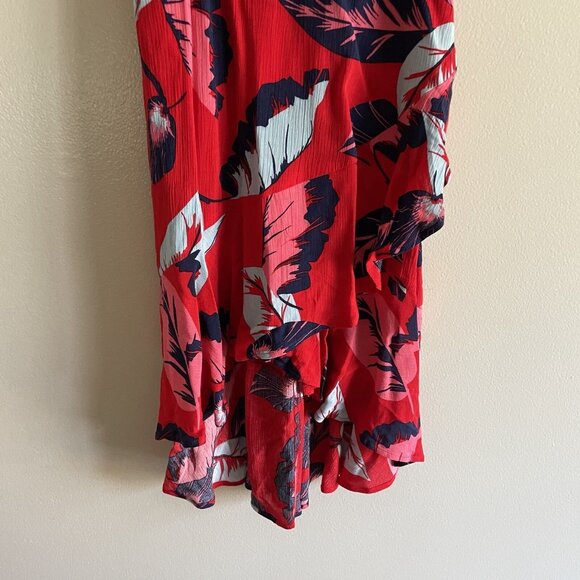 Express Women XXS Red Leaf Print Tropical Hawaiian Ruffle High Low Midi Sundress - Picture 3 of 10